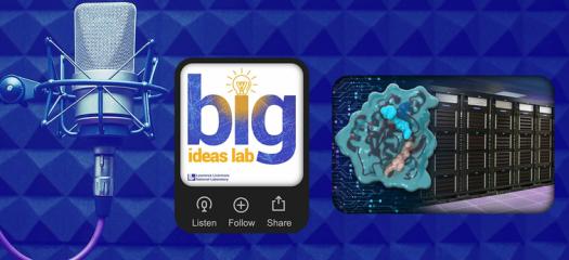 collage of microphone, podcast logo, molecule, and supercomputer