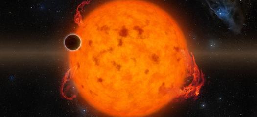 An artist’s conception of the exoplanet K2-33b, a 10-Myr-old, Jupiter-sized planet, transiting in front of its active host star.