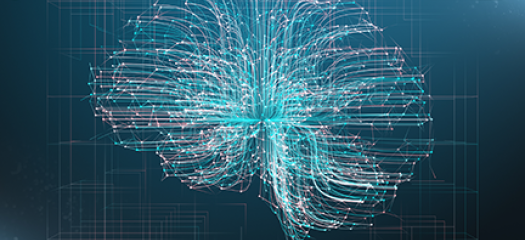 Adobe Stock illustration of a brain shape made up of teal and pink filaments on an abstract background