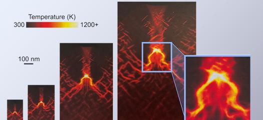 To-scale snapshots from molecular dynamics simulations illustrating hot-spot formation during pore collapse. The images show pores with diameters of 60, 100, 200 and 300 nanometers, illustrating that pores larger than 20 nanometers generate hot spots with scale-invariant (independent of size) temperature distributions.