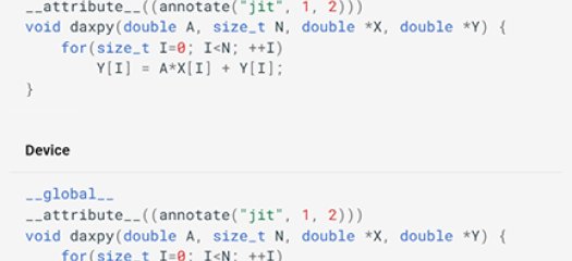 Proteus code snippets showing how the user annotates host functions and device kernel functions