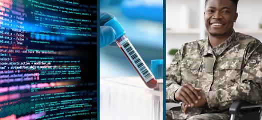 collage of code on a screen, a vial of blood, and a soldier