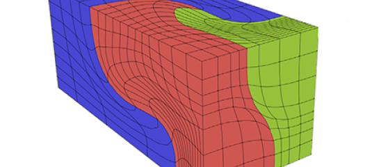 3D rectangle divided into an irregular mesh colored blue, red, and green