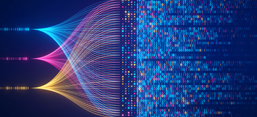 stock image of three data inputs depicted as groups of strands in blue, pink, and yellow, which start out separately but expand and converge into multicolored ones and zeros