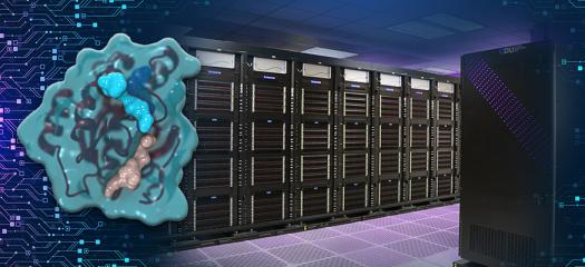 supercomputer photo overlaid with a cancer molecule