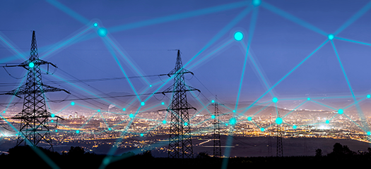 power lines strung between transmission towers, overlaid with a blue graphic evoking connectivity