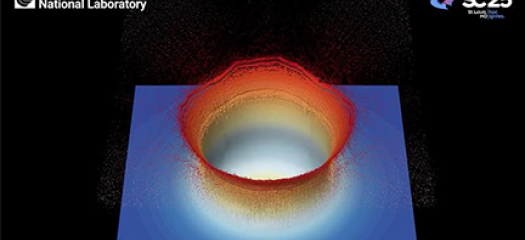 simulation of  a red and blue splash ring on a black background with LLNL and SC25 logos