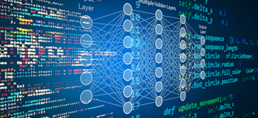 stylized graphic of code overlaid with a neural network diagram