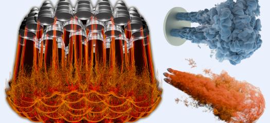 collage of three simulations of rocket–rocket plume interactions