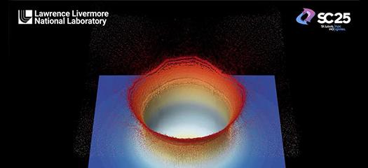 simulation of a red and blue splash ring on a black background with LLNL and SC25 logos