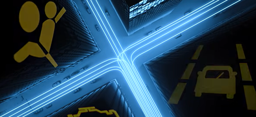 blue lines radiating along crossed roads with icons depicting airbags, check engine, and lane departure