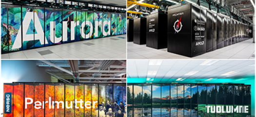 collage of four HPC system photos: Aurora, Frontier, Perlmutter, and Tuolumne