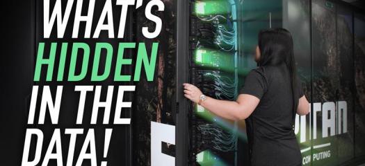 a person looking into a supercomputer cabinet with text overlay "what's hidden in the data!"