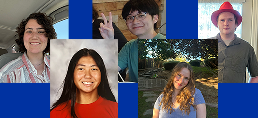 collage of five students on a blue background