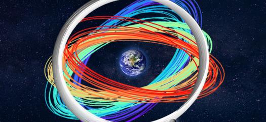 the earth with spacecraft orbits mapped around it in all directions