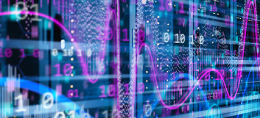 numbers and mathematical shapes overlaid on a supercomputer, stylized with blues and purples