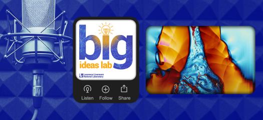 microphone, Big Ideas Lab podcast logo, and part of a colorful simulation on a blue background