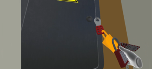 screen shot from VR rendering showing the user locking an electrical storage cabinet
