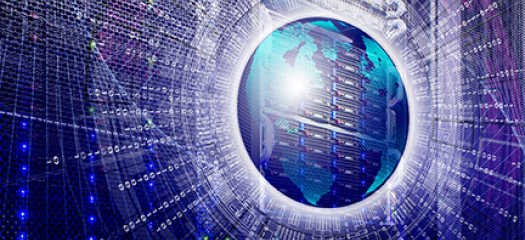 stock image of Earth superimposed over a supercomputer's rack with radiating lines