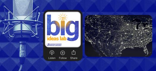 microphone, Big Ideas Lab podcast logo, and lights across the continental U.S. on a blue background
