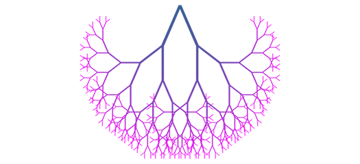 upside-down fractal branching tree in blues, purples, and pinks