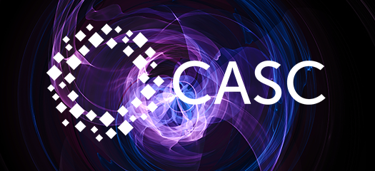 CASC logo in white on purple swirled background