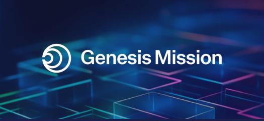 abstract blue and purple background with text overlay "Genesis Mission"