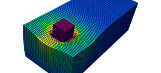 3D two-block problem: maroon cube resting on a large blue rectangle, causing a deformity with magnitude denoted by varying colors; both shapes are resolved by meshes