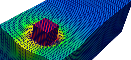 3D two-block problem: maroon cube resting on a large blue rectangle, causing a deformity with magnitude denoted by varying colors; both shapes are resolved by meshes