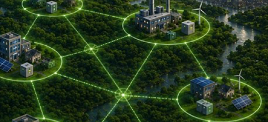 diagram of decentralized grid with buildings and other structures circled and linked to each other