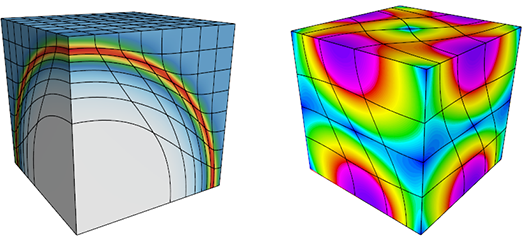 two simulations in the shape of cubes showing meshes