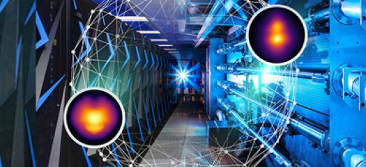 Sierra supercomputer and National Ignition Facility photos combined with abstract graphic representing experimental data and simulations