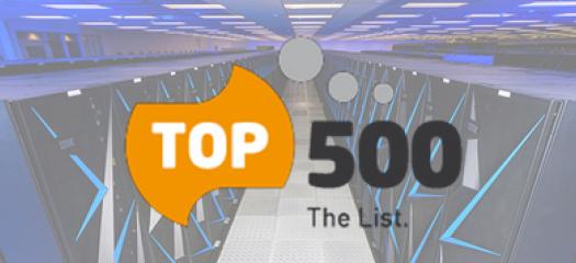 Top500 logo overlaid on a photo of the Sierra supercomputer