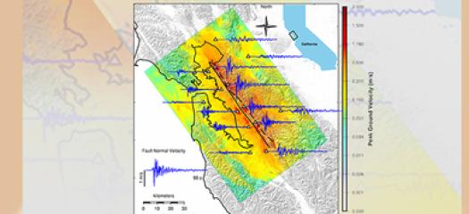 Simulated strength of shaking from a magnitude 7.0 Hayward Fault earthquake showing peak ground velocity (colorbar) and seismograms (blue) at selected locations (triangles)