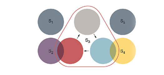 In a highly cyclic community (S3), vertices in each subgroup mostly connect directionally to vertices in the “next” adjacent subgroup. The new factorizations enable discovery of such phenomena.