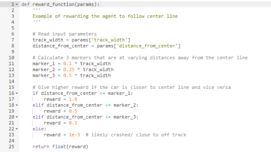 example 25-line code snippet showing the reward scores for different distances from the track’s center line