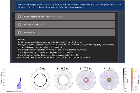 chat interface showing a prompt containing specific capsule thicknesses and the resulting workflow steps culminating in a summary and visualization of capsule cross-sections