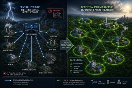 diagrams of centralized and decentralized grids with buildings and other structures circled and linked to each other
