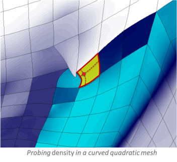 blue and purple colors rendered on a mesh; the text under the image says "probing density in a curved quadratic mesh"