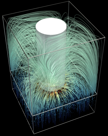 clear cube containing a white cylinder from which radiate many thin pale green lines in all directions