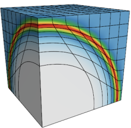 shockwave moving through a 3D cube that is divided into a mesh