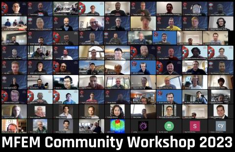 9x9 grid of people in video chat with "MFEM Community Workshop 2023" text overlay