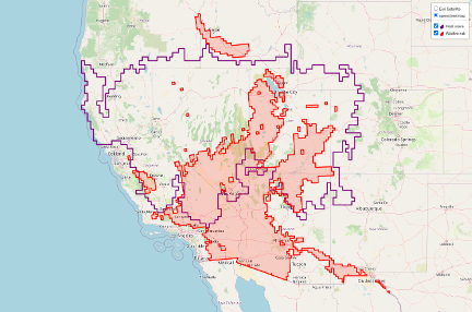 Map of western U.S. with some outlines and shaded areas