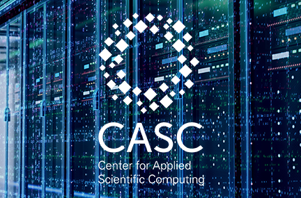 CASC logo overlaid on abstract graphic of supercomputer racks