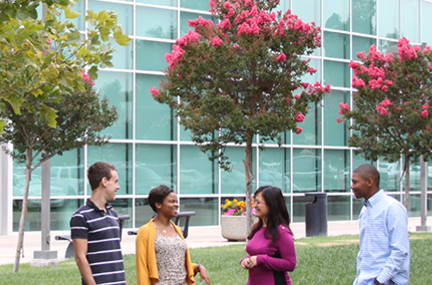 Summer students chat in front of LLNL's building 453