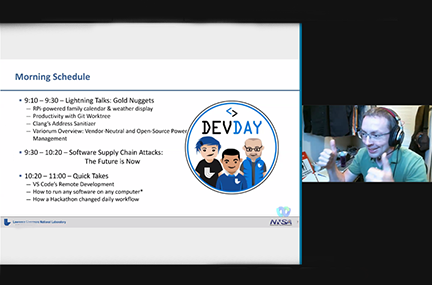 Kyle in video chat giving thumbs-up next to a slide showing the Dev Day morning agenda