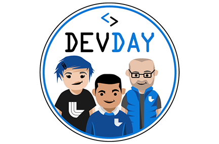 Dev Day logo showing three cartoon people wearing LLNL-branded clothing