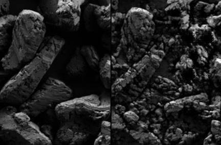 Real scanning electron microscope image of TATB powder, alongside a hypothetical scanning electron microscope image of TATB powder made to optimize its peak stress. The hypothetical image is made of smaller grains. 