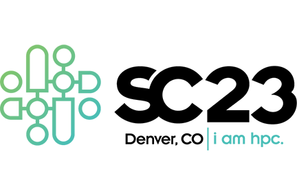 SC23 logo with teal shapes and the text "Denver CO, I am HPC"