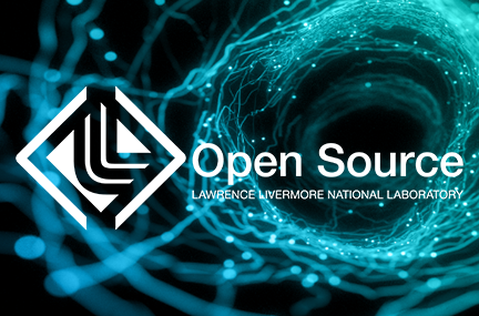 LLNL open source logo in white with full Lab name spelled out, both overlaid on a black background and a pattern of interconnected teal swirls and dots